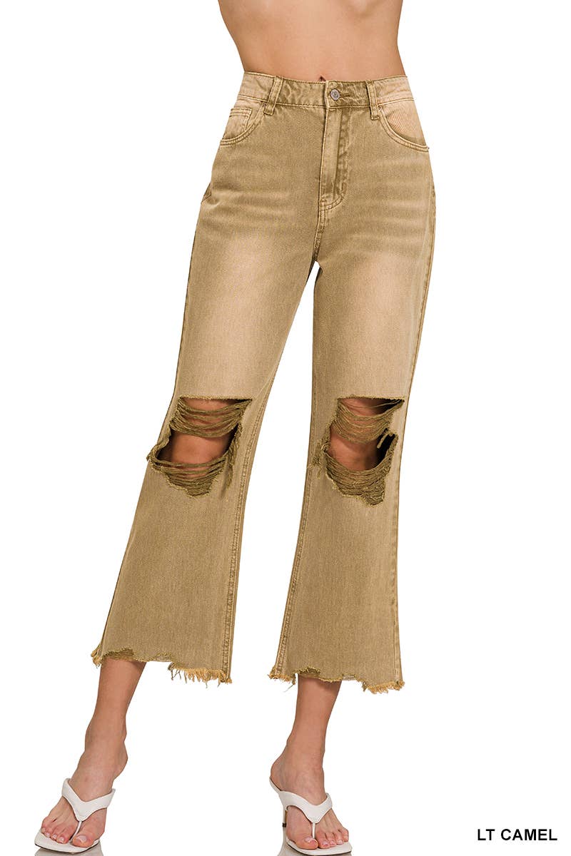 42POPS - `.Washed Distressed Crop Pants Colored Jeans