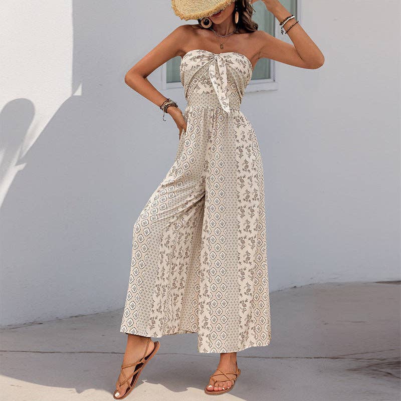 Lovesoft - Strapless Smocked Romper Tube Top Flare Trousers Jumpsuit