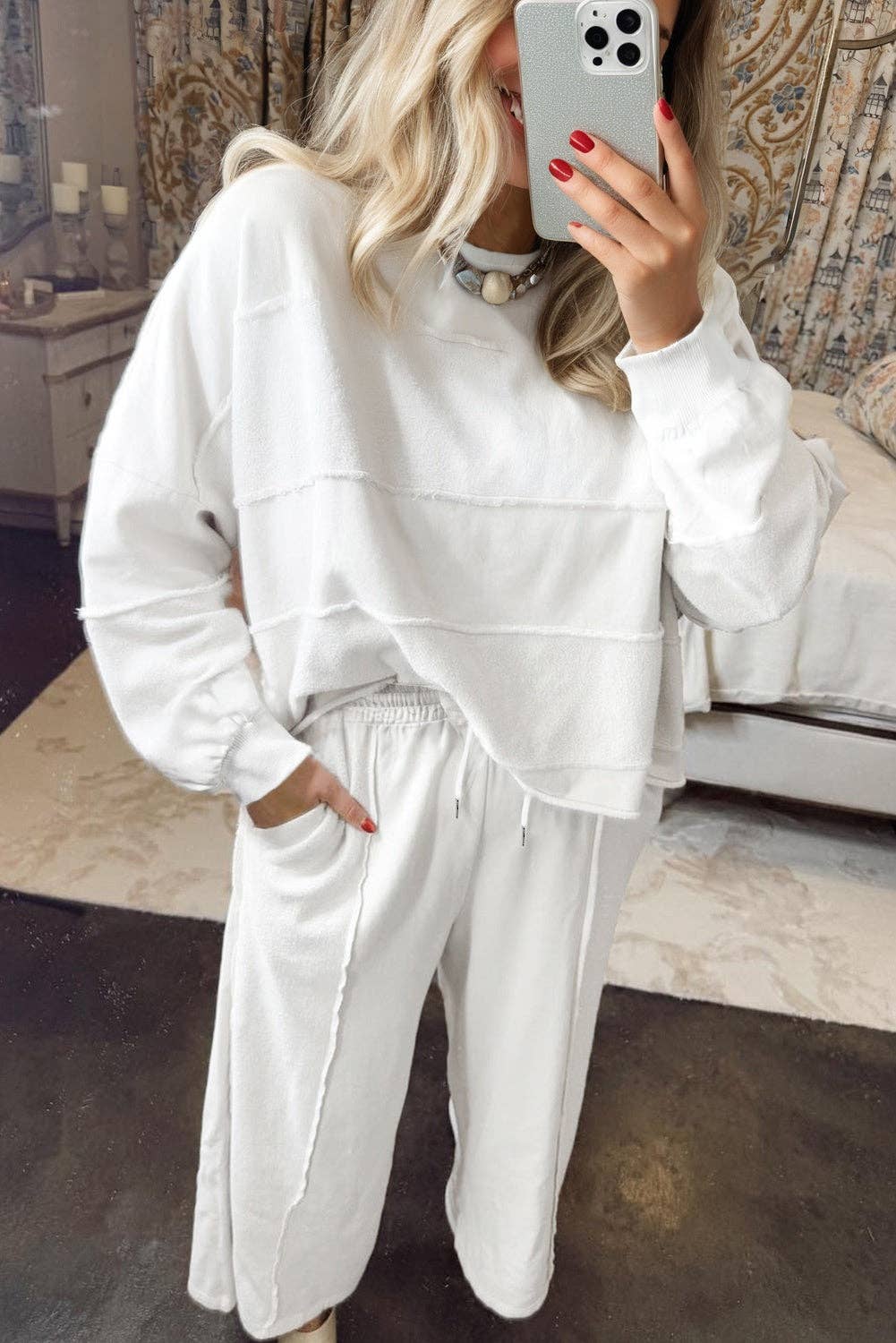 Lovesoft - White Textured Raw Seam Plus Size Pullover Top and Drawstring Pants Set