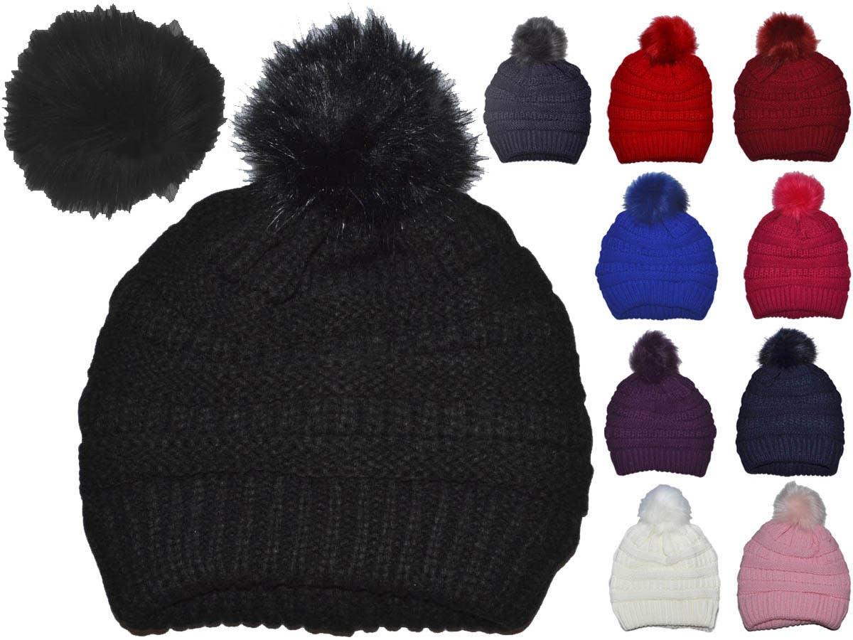 Buck Wholesale - Winter Beanie W/Removable Fur Pom-Pom  - Warm Knit Soft