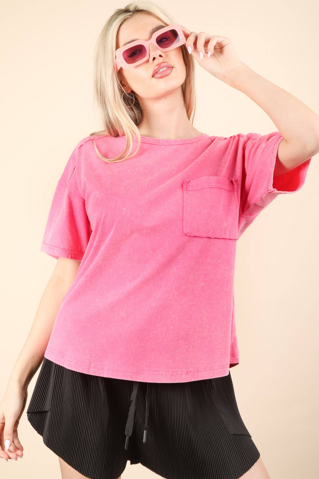 VERY J - NT11108-Mineral Washed Knit Top with Pocket
