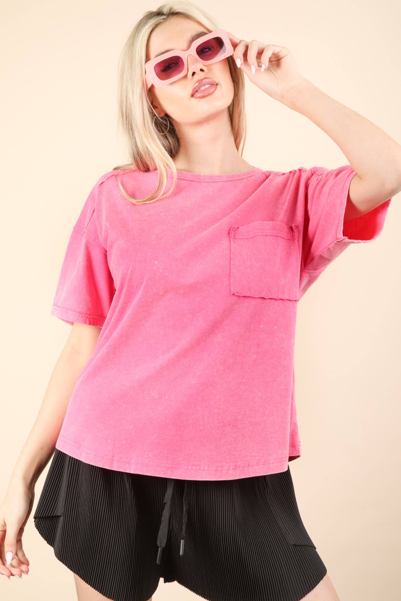 VERY J - NT11108-Mineral Washed Knit Top with Pocket