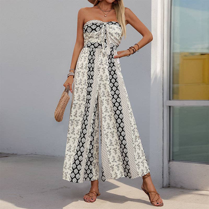 Lovesoft - Strapless Smocked Romper Tube Top Flare Trousers Jumpsuit