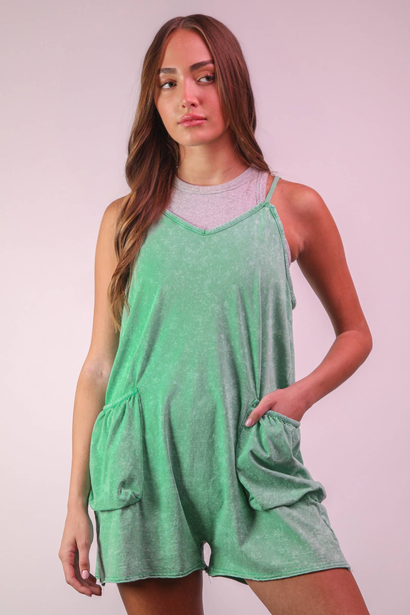 VERY J - NP70359-Mineral Washed Sleeveless Casual Knit Romper: