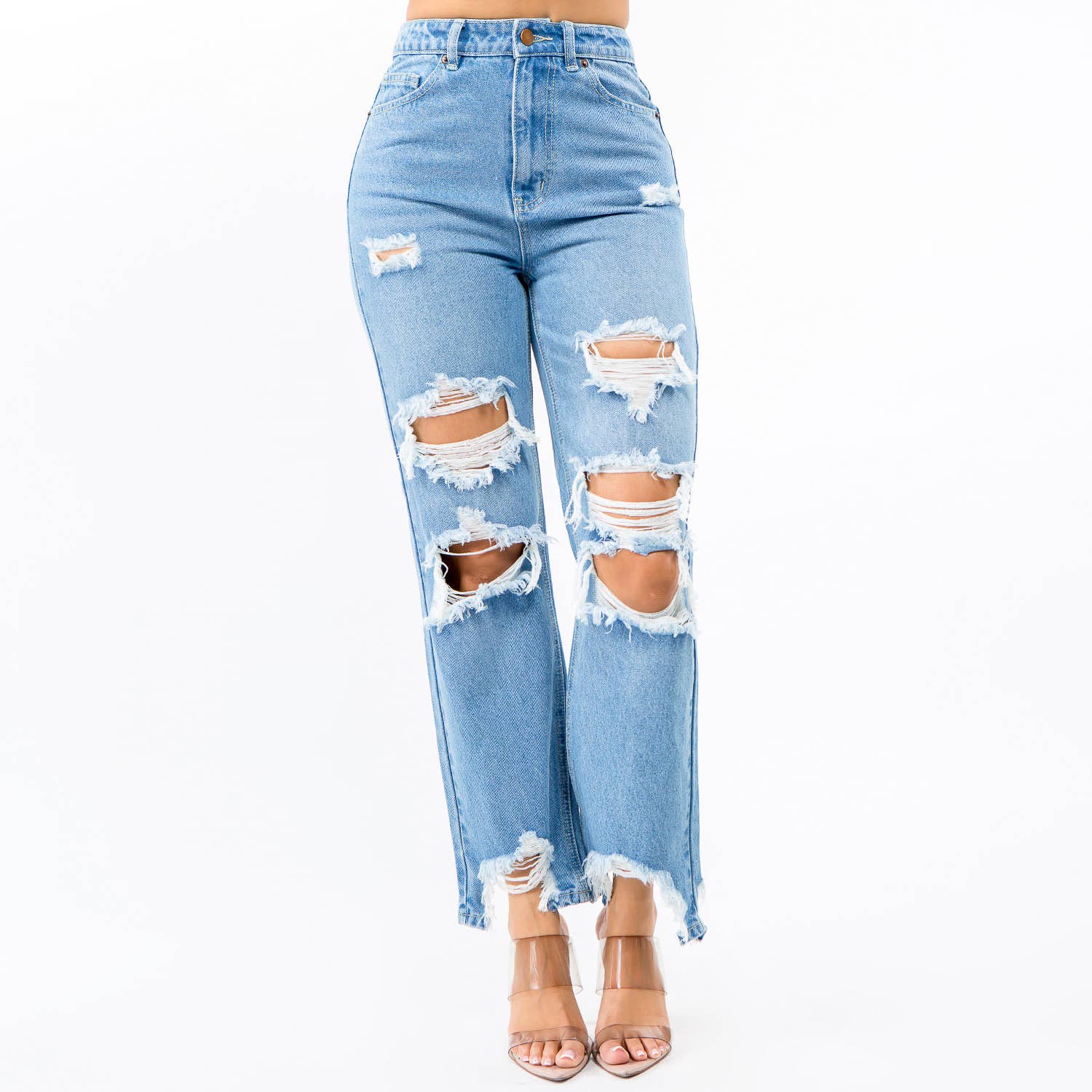 American Bazi - HIGH WAIST DISTRESSED WIDE LEG JEANS-RJH5509
