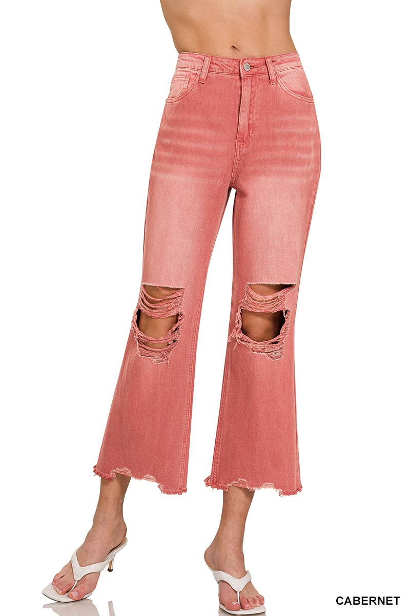 42POPS - `.Washed Distressed Crop Pants Colored Jeans