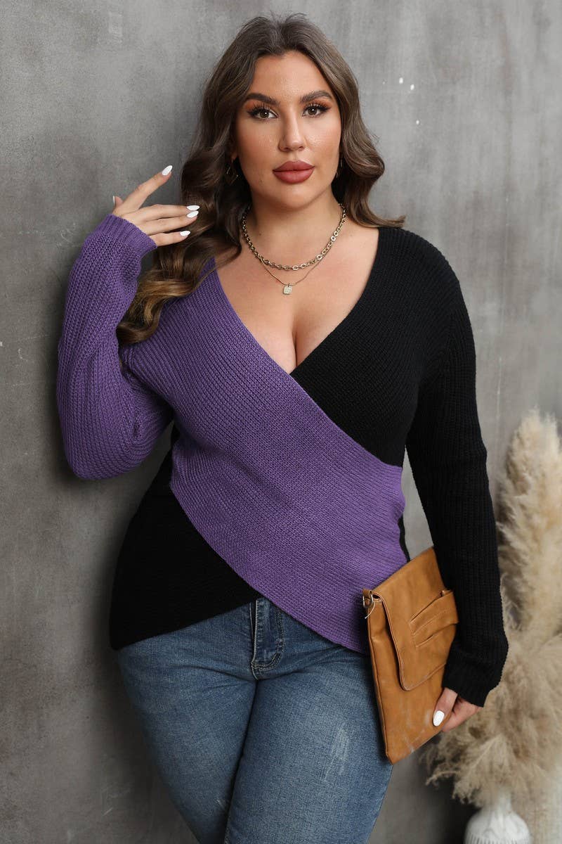 WOMEN PLUS SIZE SEXY DEEP NECK CROSS WRAP SWEATER_CWOCAL0298