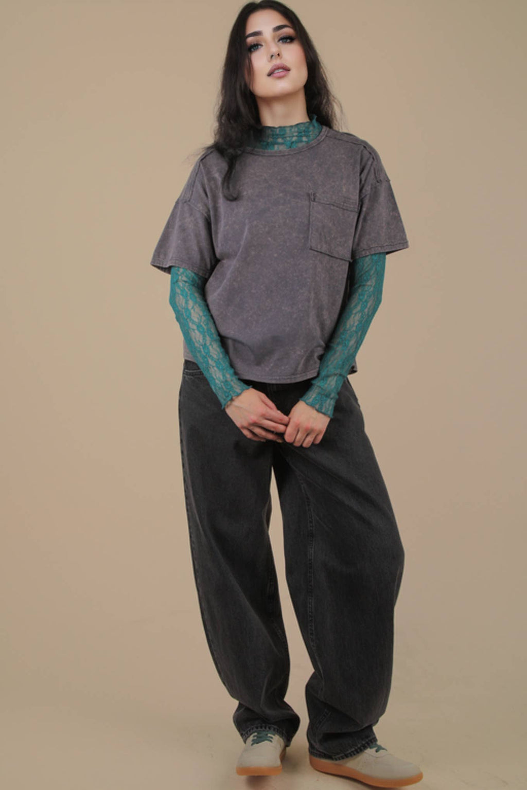 VERY J - NT11108-Mineral Washed Knit Top with Pocket