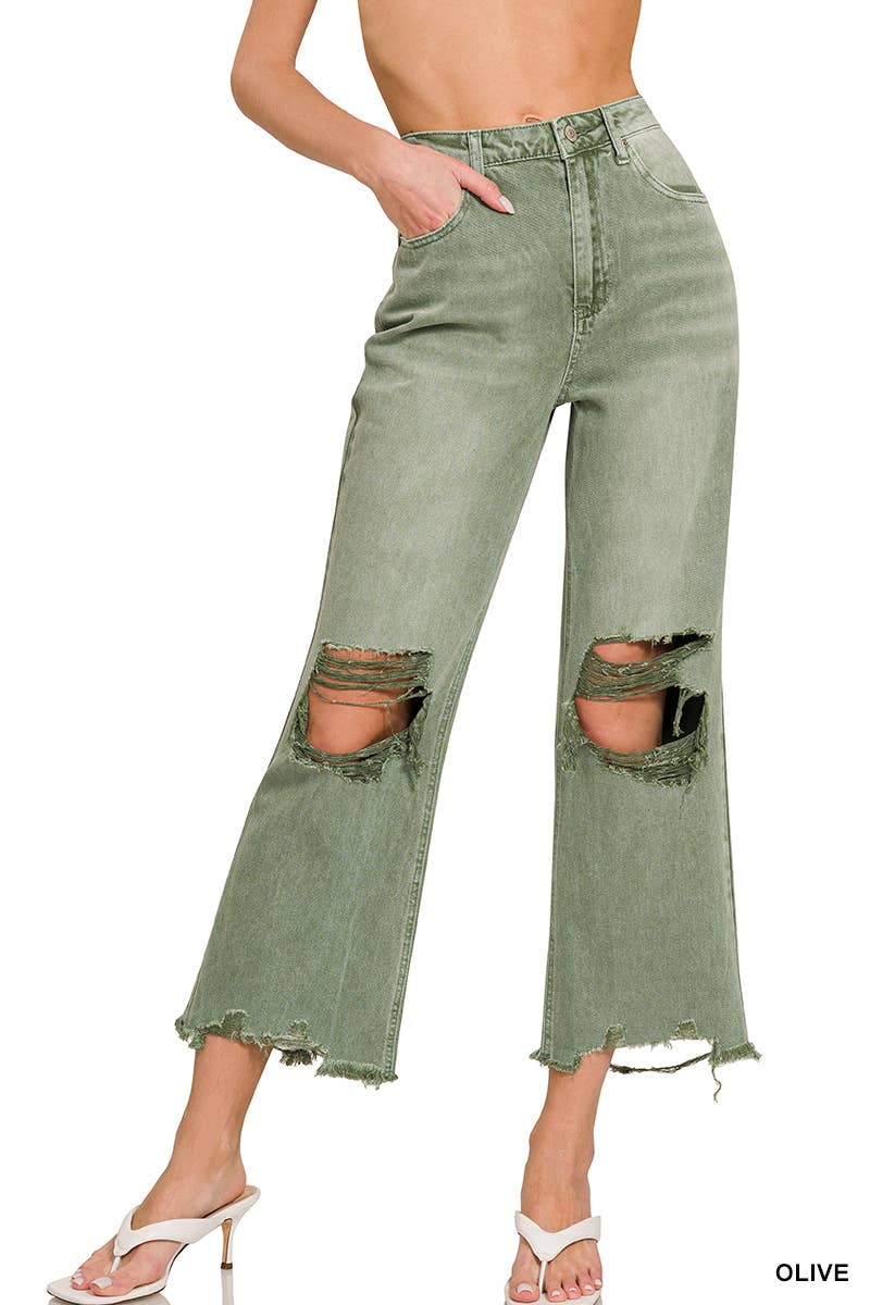 42POPS - `.Washed Distressed Crop Pants Colored Jeans