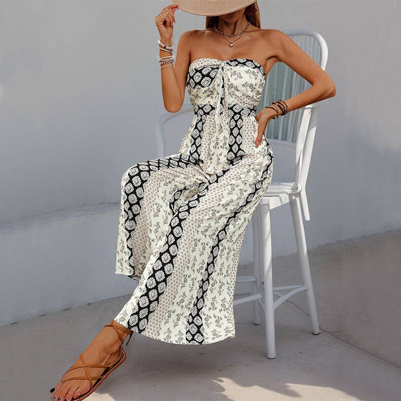 Lovesoft - Strapless Smocked Romper Tube Top Flare Trousers Jumpsuit