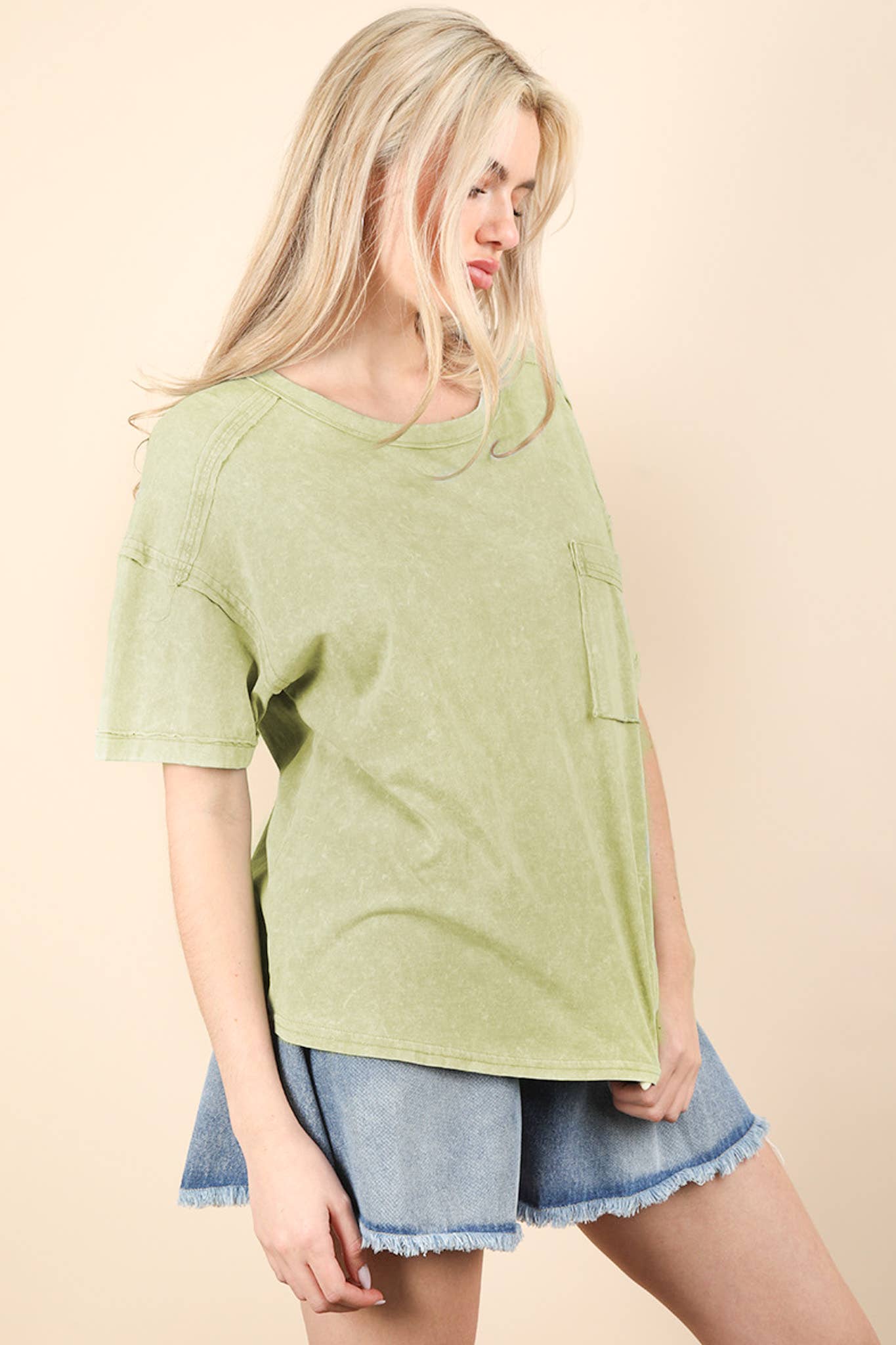 VERY J - NT11108-Mineral Washed Knit Top with Pocket