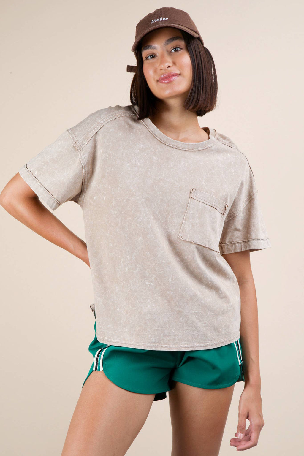 VERY J - NT11108-Mineral Washed Knit Top with Pocket