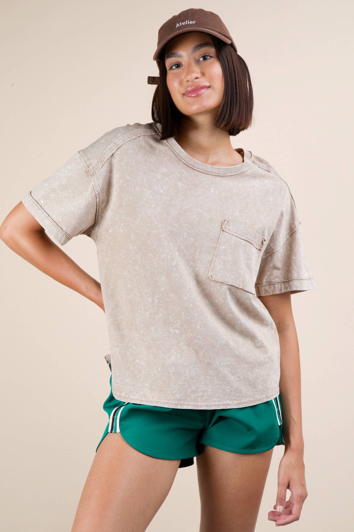 VERY J - NT11108-Mineral Washed Knit Top with Pocket