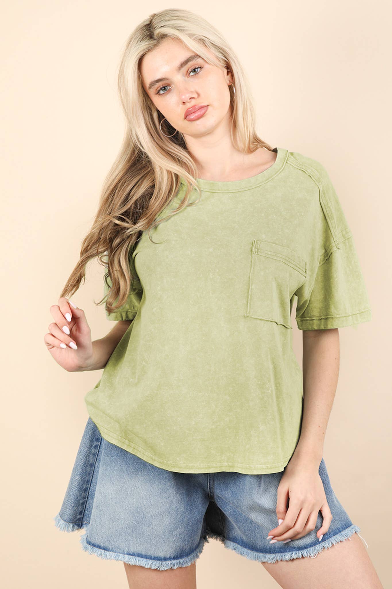 VERY J - NT11108-Mineral Washed Knit Top with Pocket
