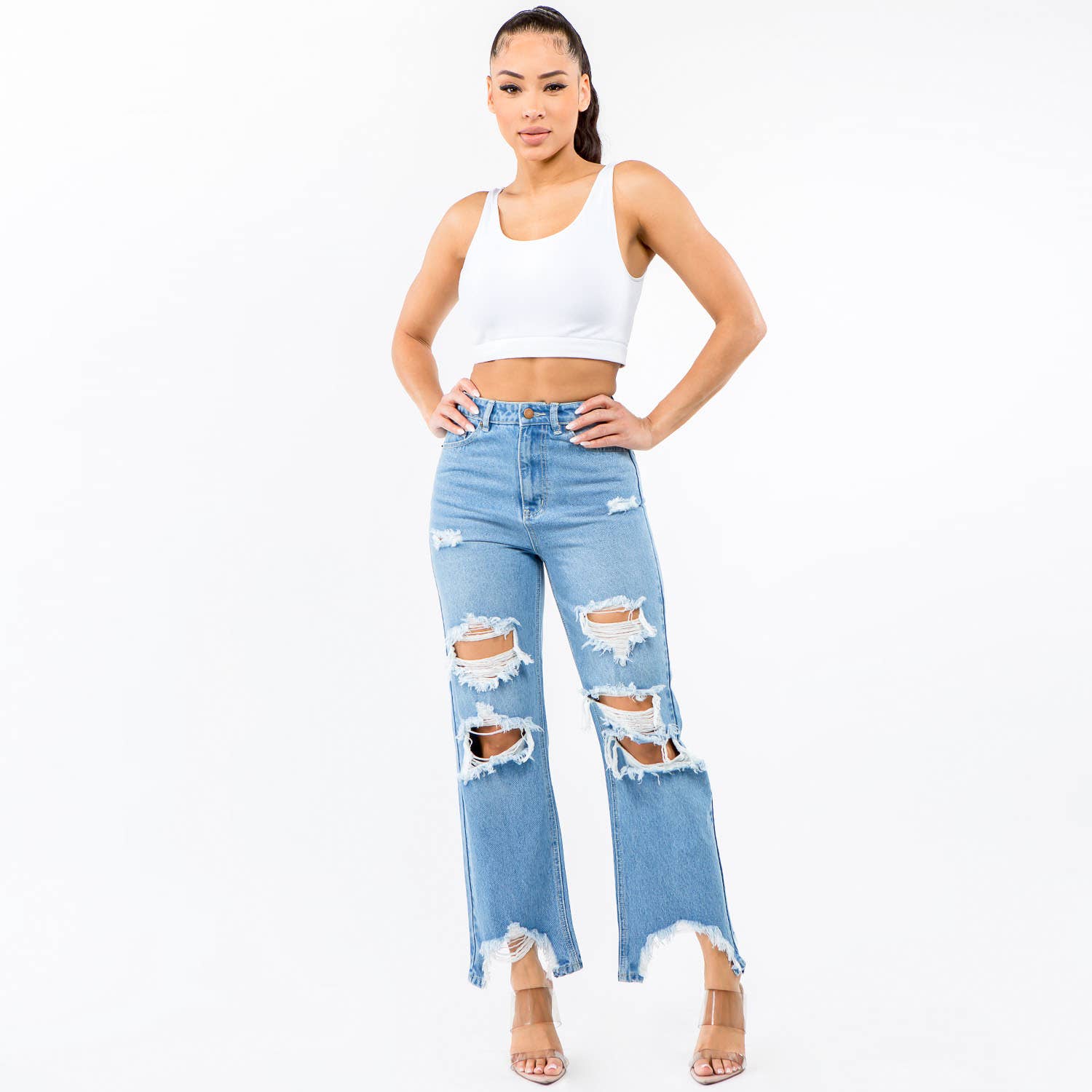 American Bazi - HIGH WAIST DISTRESSED WIDE LEG JEANS-RJH5509