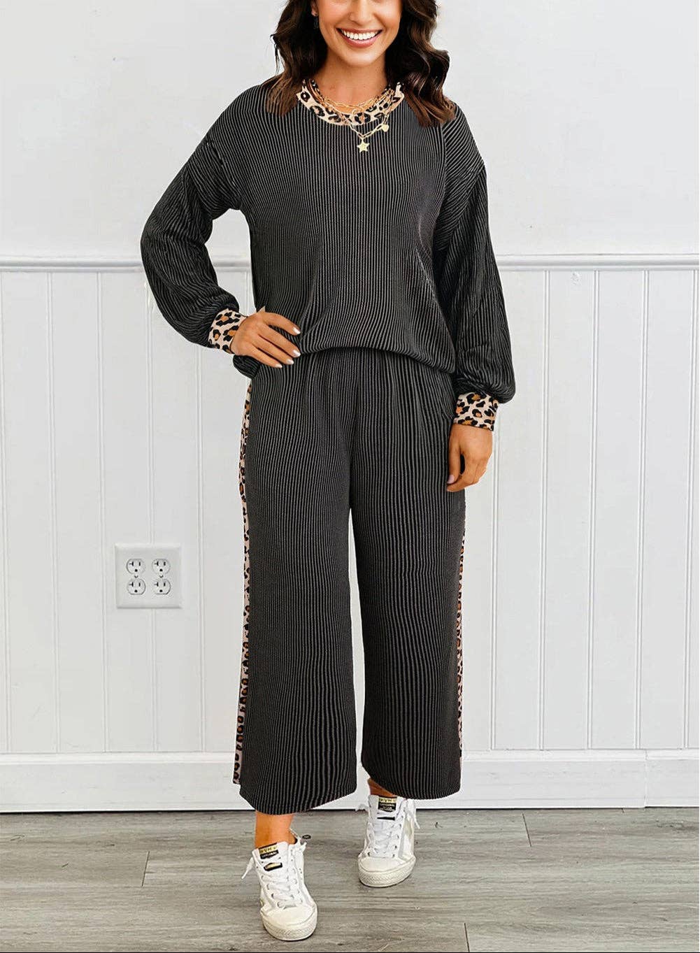 Lovesoft - Carbon Grey Twisted Rib Texture Leopard Patchwork Detail 2pcs Pant Set