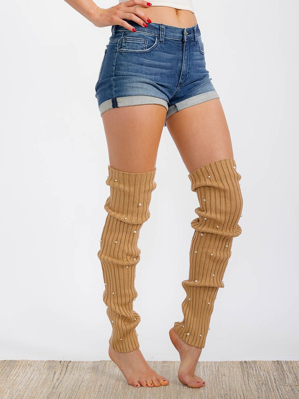 WOMEN'S PEARL DETAILED RIBBED KNIT LEG WARMERS