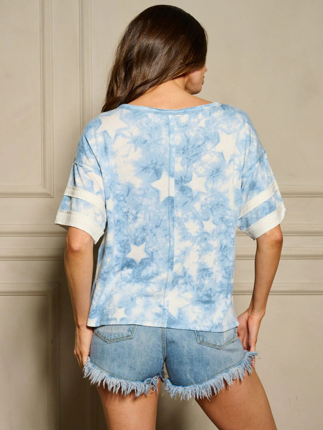 WOMEN'S SHORT SLEEVE STARS PRINT TIE DYE TOP
