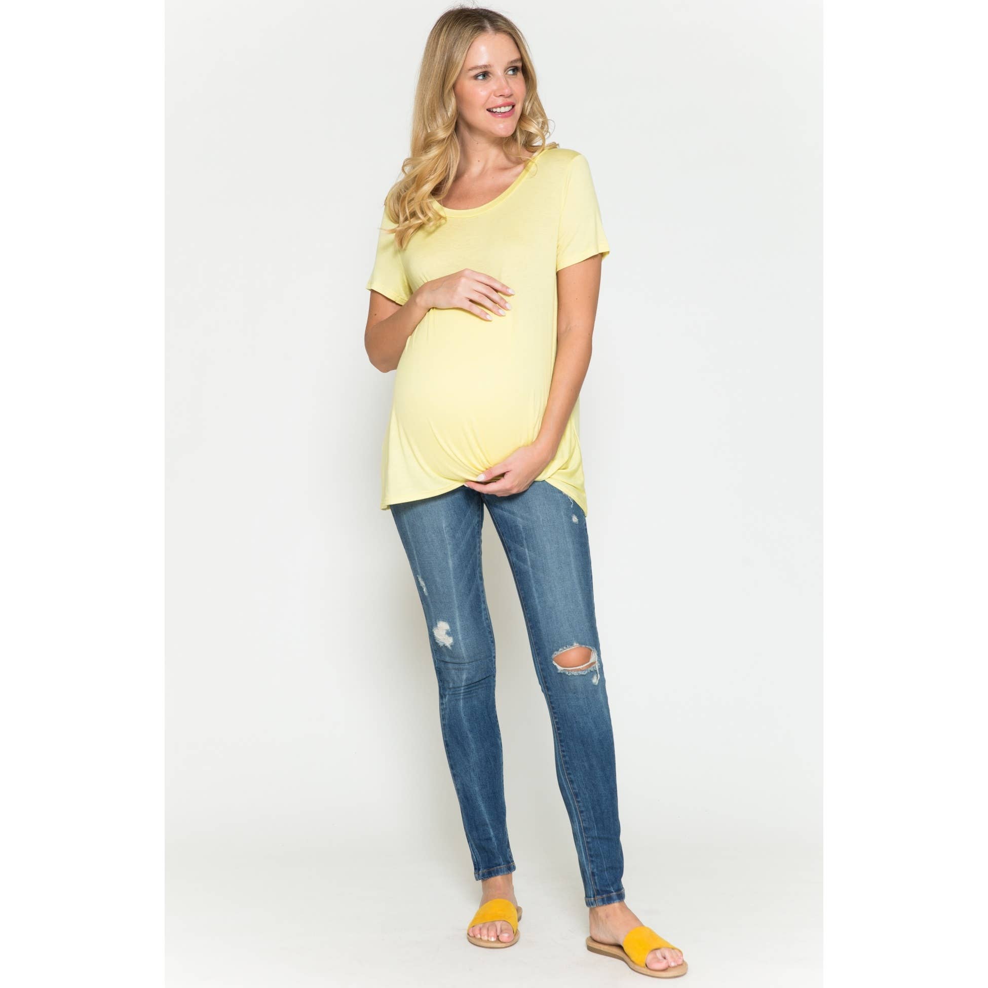 Story Teller - Maternity Round Neck Front Twist Knotted Solid Basic Top