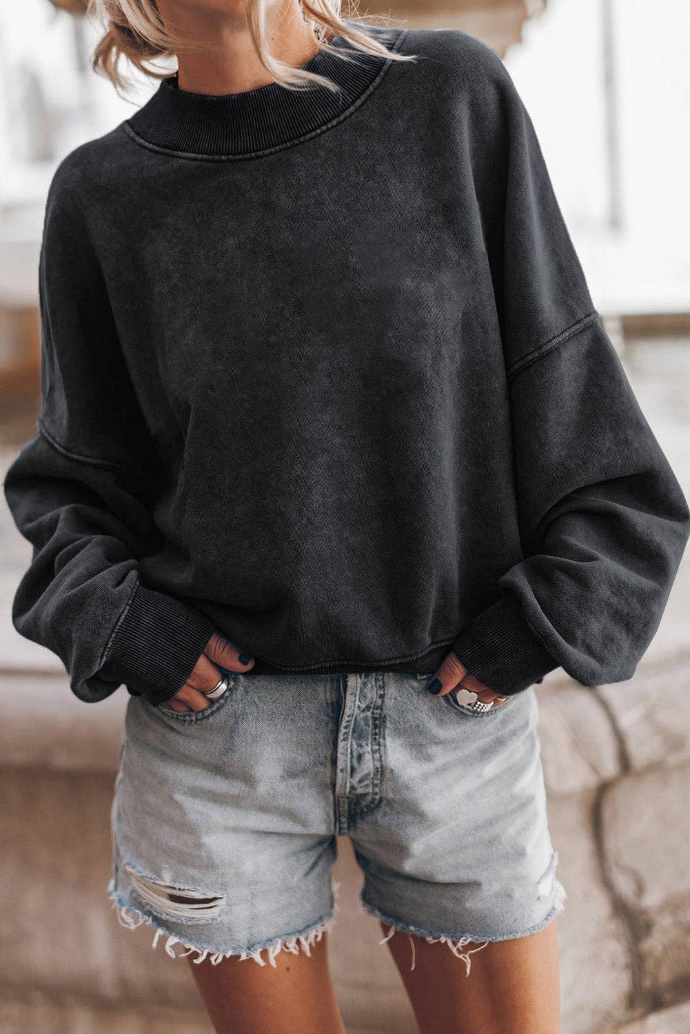 Lovesoft - Solid Color Drop Shoulder Crew Neck Pullover Sweatshirt