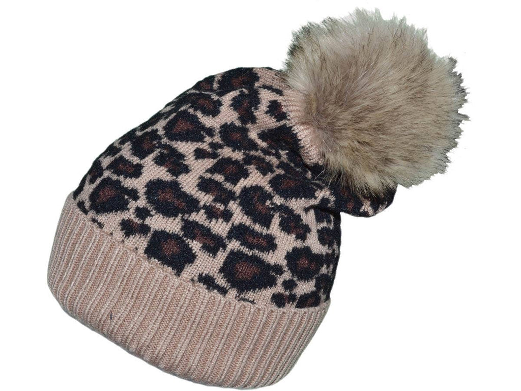 Buck Wholesale - Leopard Beanies with Removable Raccoon Fur Pom-Pom