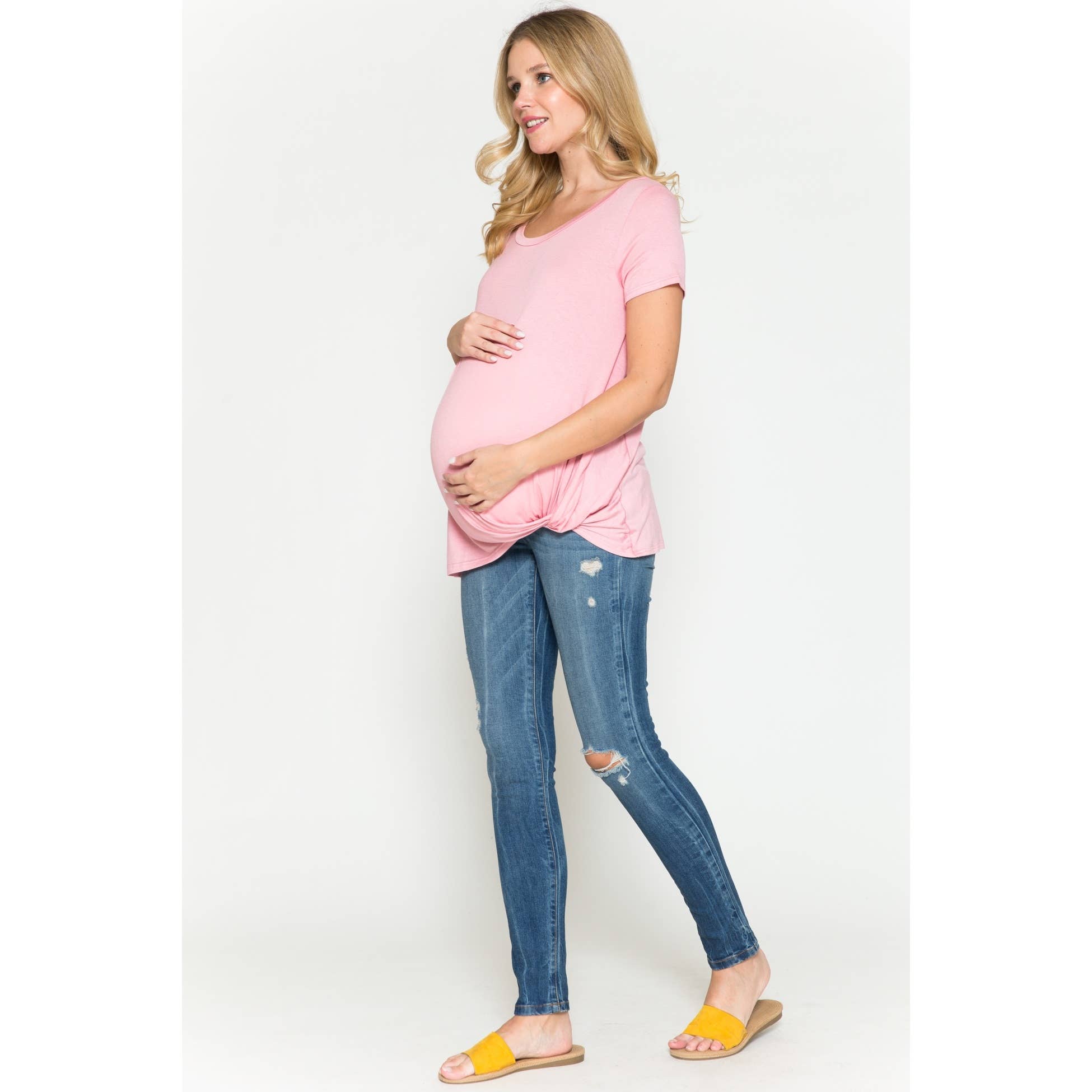 Story Teller - Maternity Round Neck Front Twist Knotted Solid Basic Top