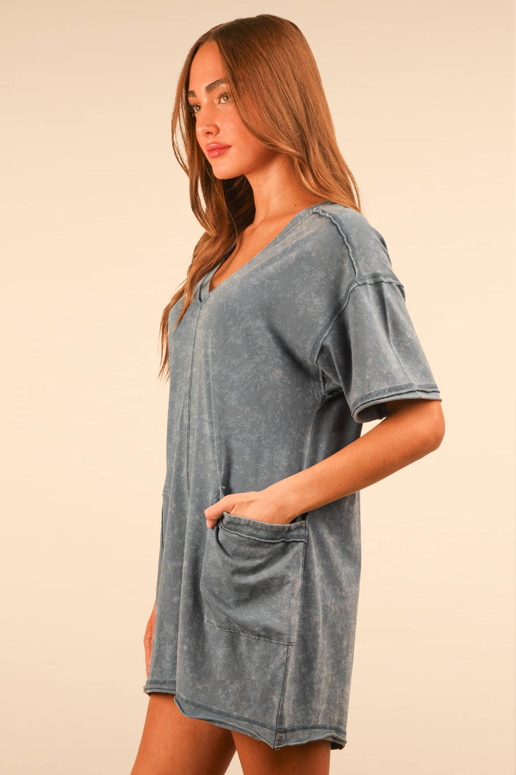 VERY J - NP70740-Mineral Washed Oversized Casual Knit Romper
