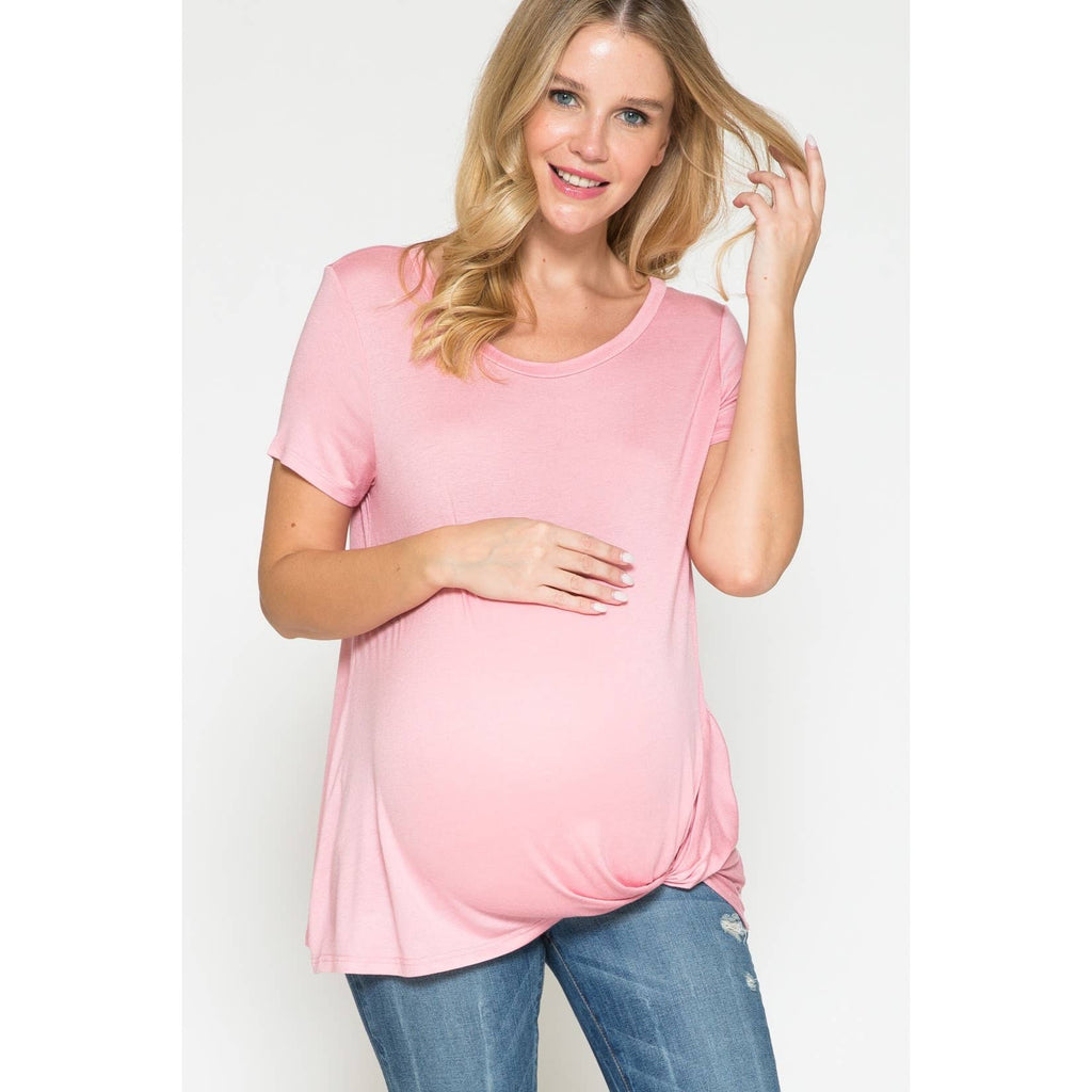Story Teller - Maternity Round Neck Front Twist Knotted Solid Basic Top