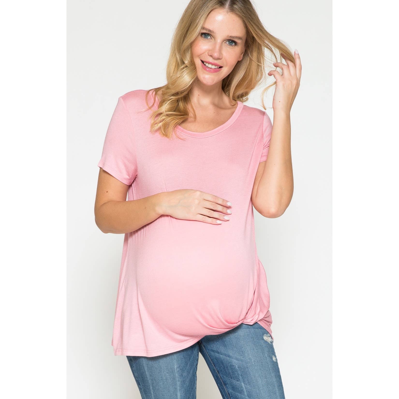 Story Teller - Maternity Round Neck Front Twist Knotted Solid Basic Top