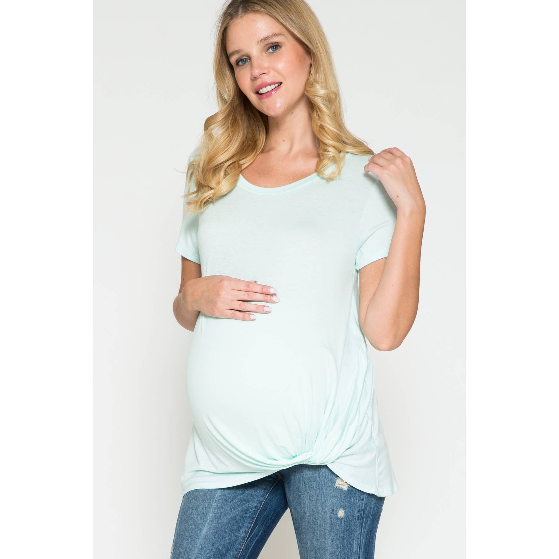 Story Teller - Maternity Round Neck Front Twist Knotted Solid Basic Top