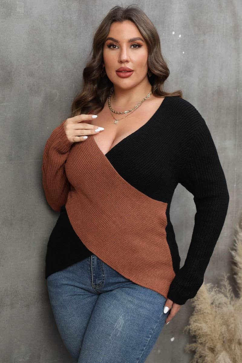 WOMEN PLUS SIZE SEXY DEEP NECK CROSS WRAP SWEATER_CWOCAL0298