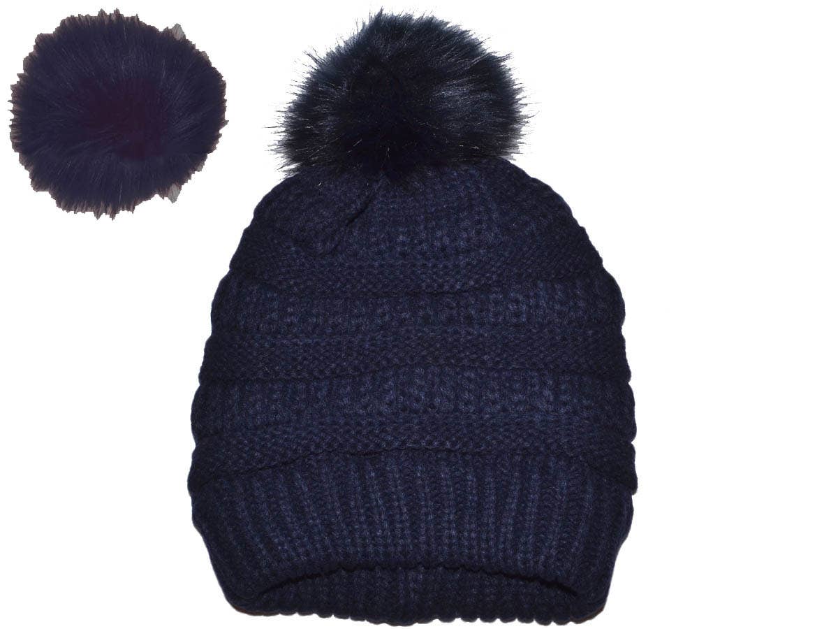 Buck Wholesale - Winter Beanie W/Removable Fur Pom-Pom  - Warm Knit Soft