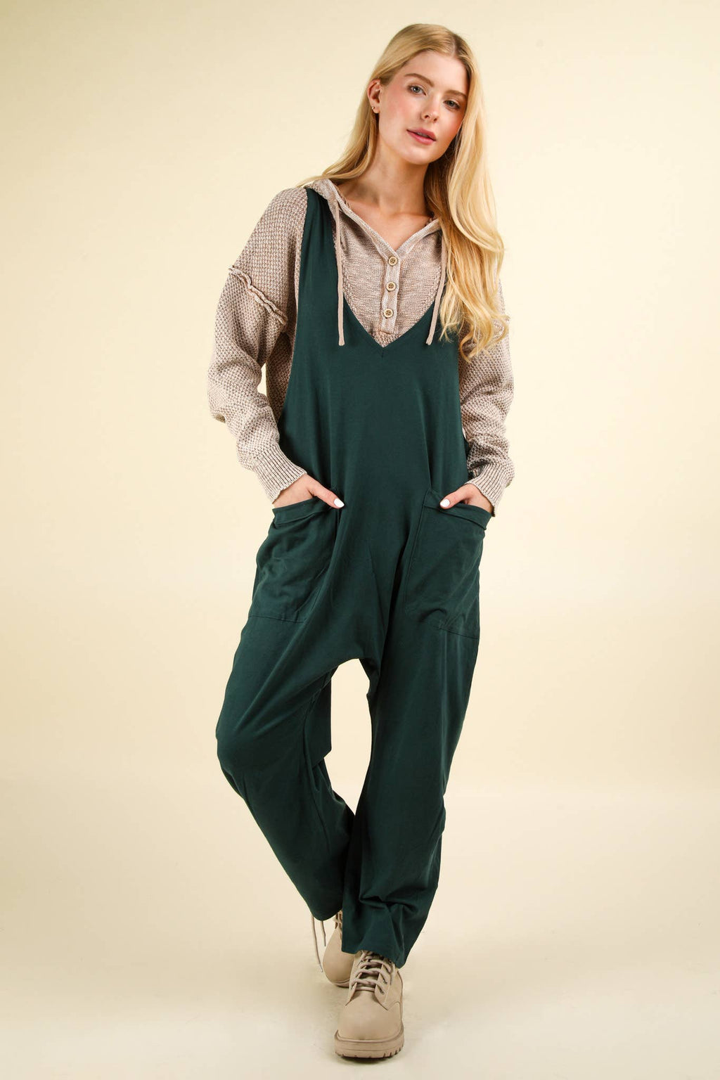 VERY J - NP70424-Casual Loose Fit Solid Knit Baggy Jumpsuit