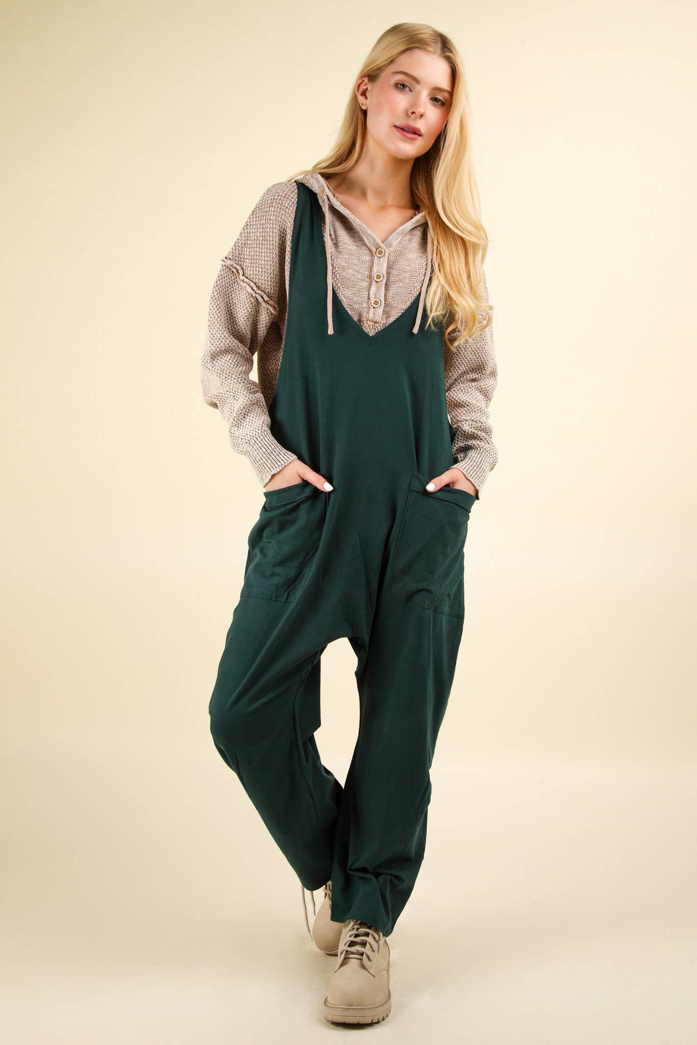 VERY J - NP70424-Casual Loose Fit Solid Knit Baggy Jumpsuit