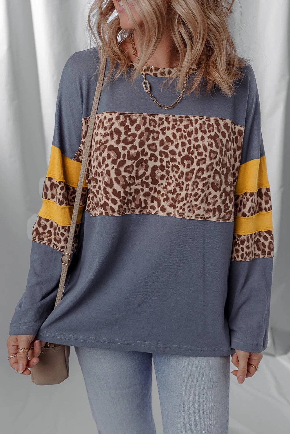 Lovesoft - Dark Blue Leopard Colorblock Patchwork Long Sleeve Drop Shoulder Top