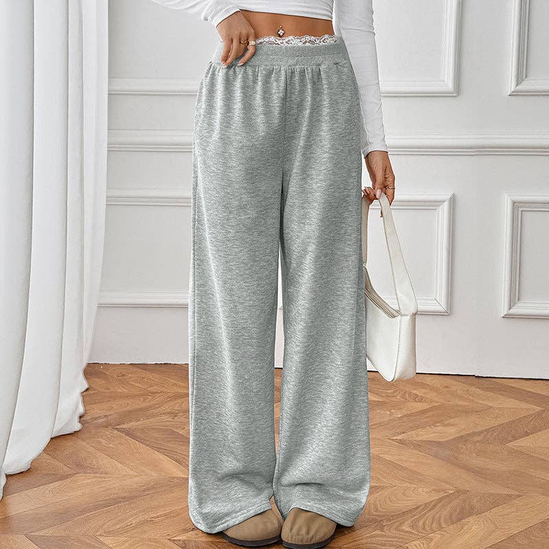 Lovesoft - Lace Trim High Waist Casual Straight Leg Pants