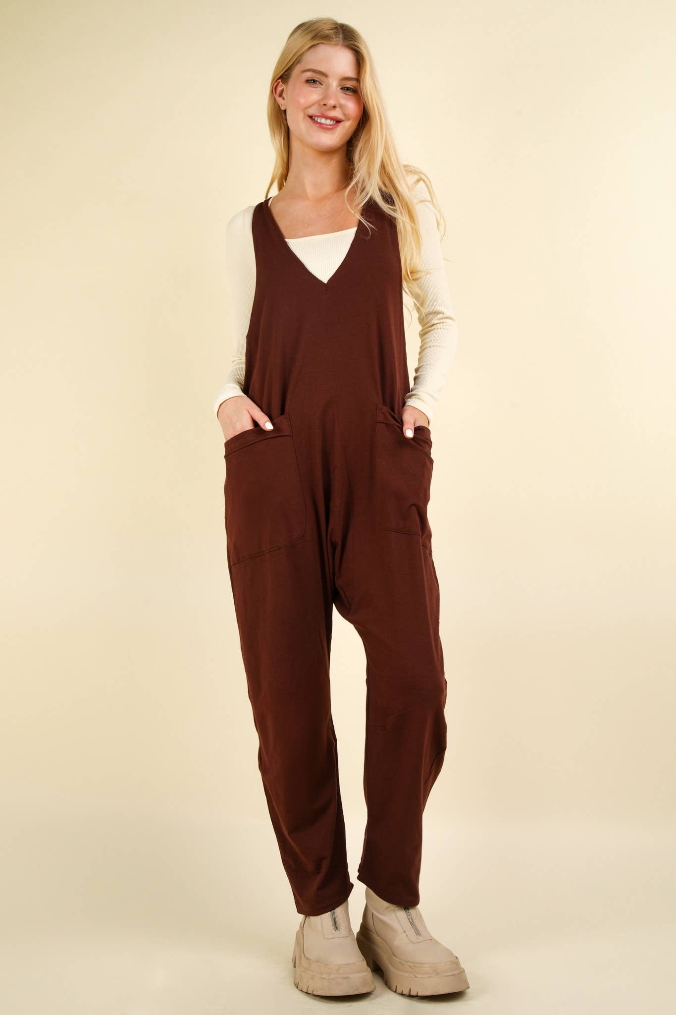 VERY J - NP70424-Casual Loose Fit Solid Knit Baggy Jumpsuit