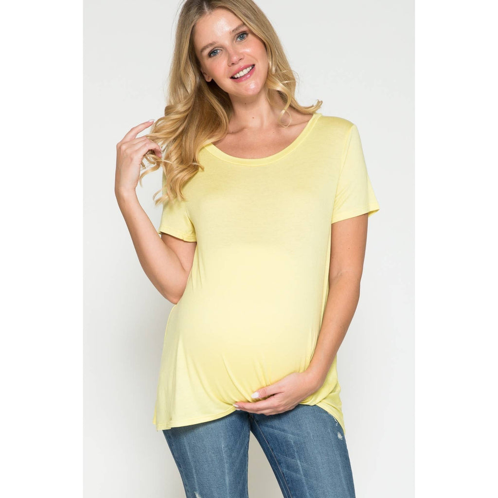 Story Teller - Maternity Round Neck Front Twist Knotted Solid Basic Top