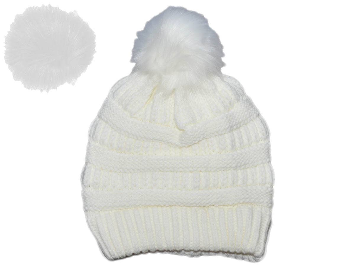 Buck Wholesale - Winter Beanie W/Removable Fur Pom-Pom  - Warm Knit Soft