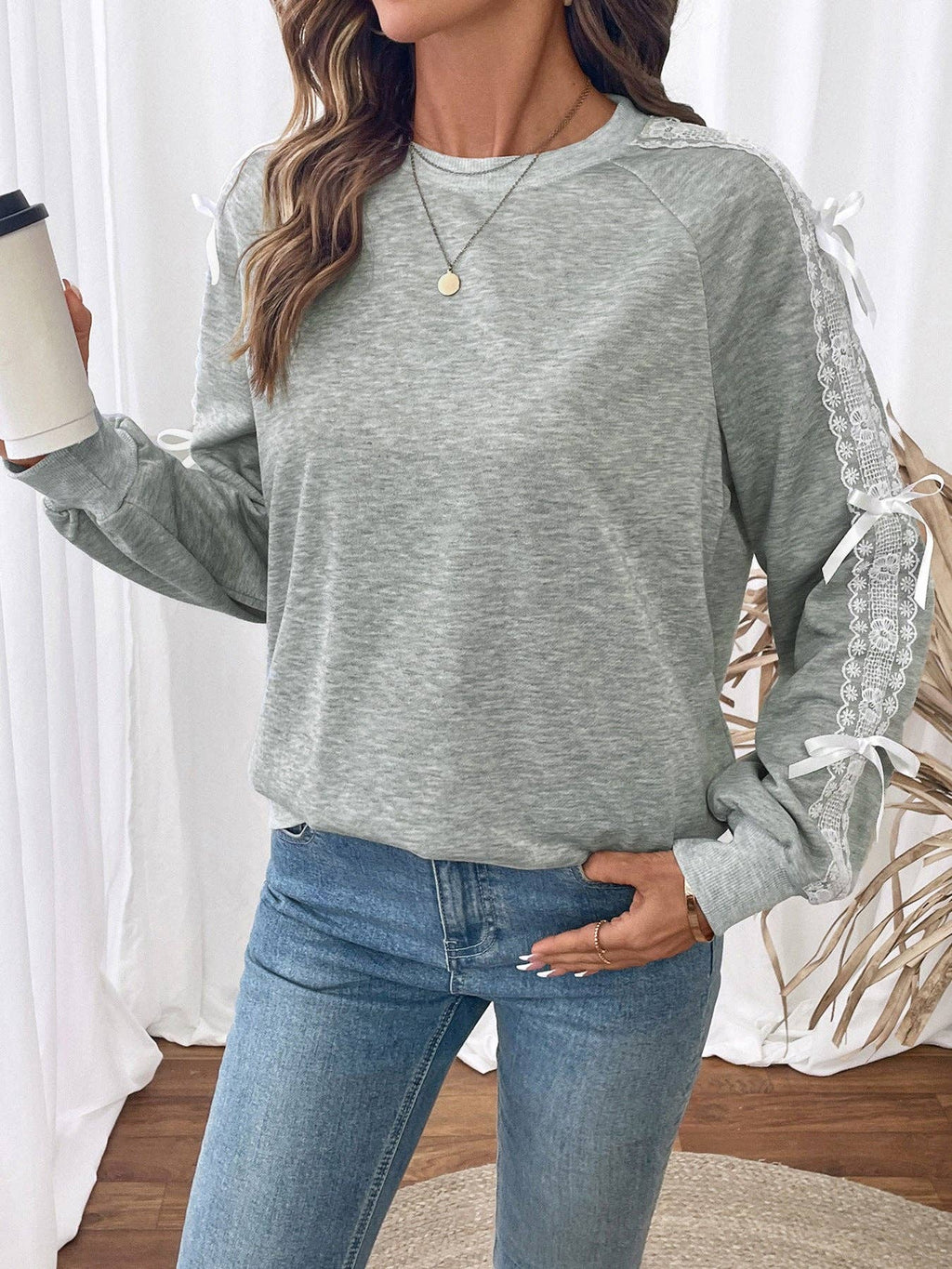 Lovesoft - Gray Lace Bow Tie Patchwork Long Sleeve Sweatshirt