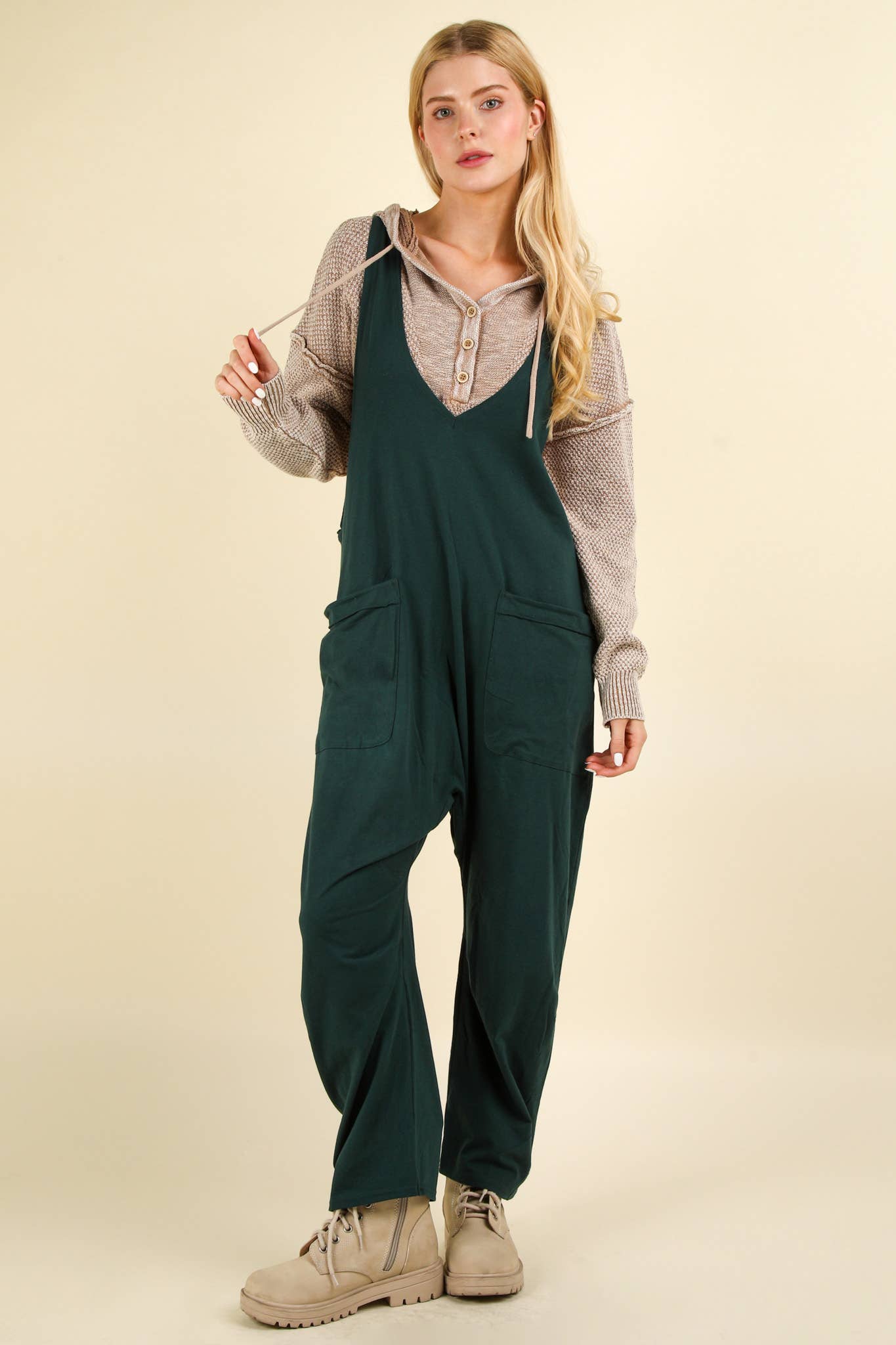 VERY J - NP70424-Casual Loose Fit Solid Knit Baggy Jumpsuit