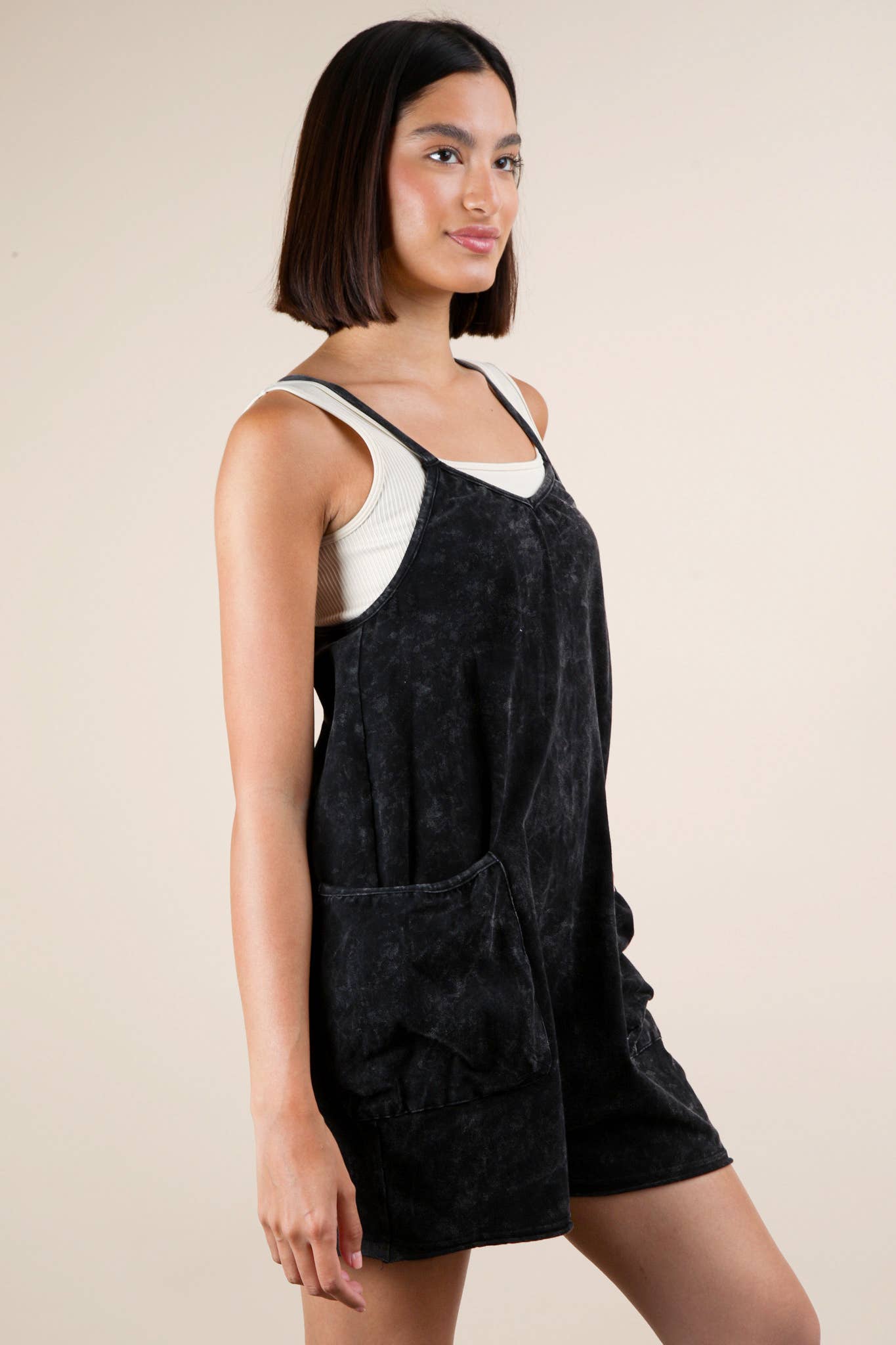 VERY J - NP70359-Mineral Washed Sleeveless Casual Knit Romper: