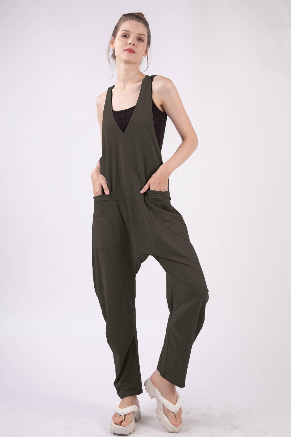 VERY J - NP70424-Casual Loose Fit Solid Knit Baggy Jumpsuit