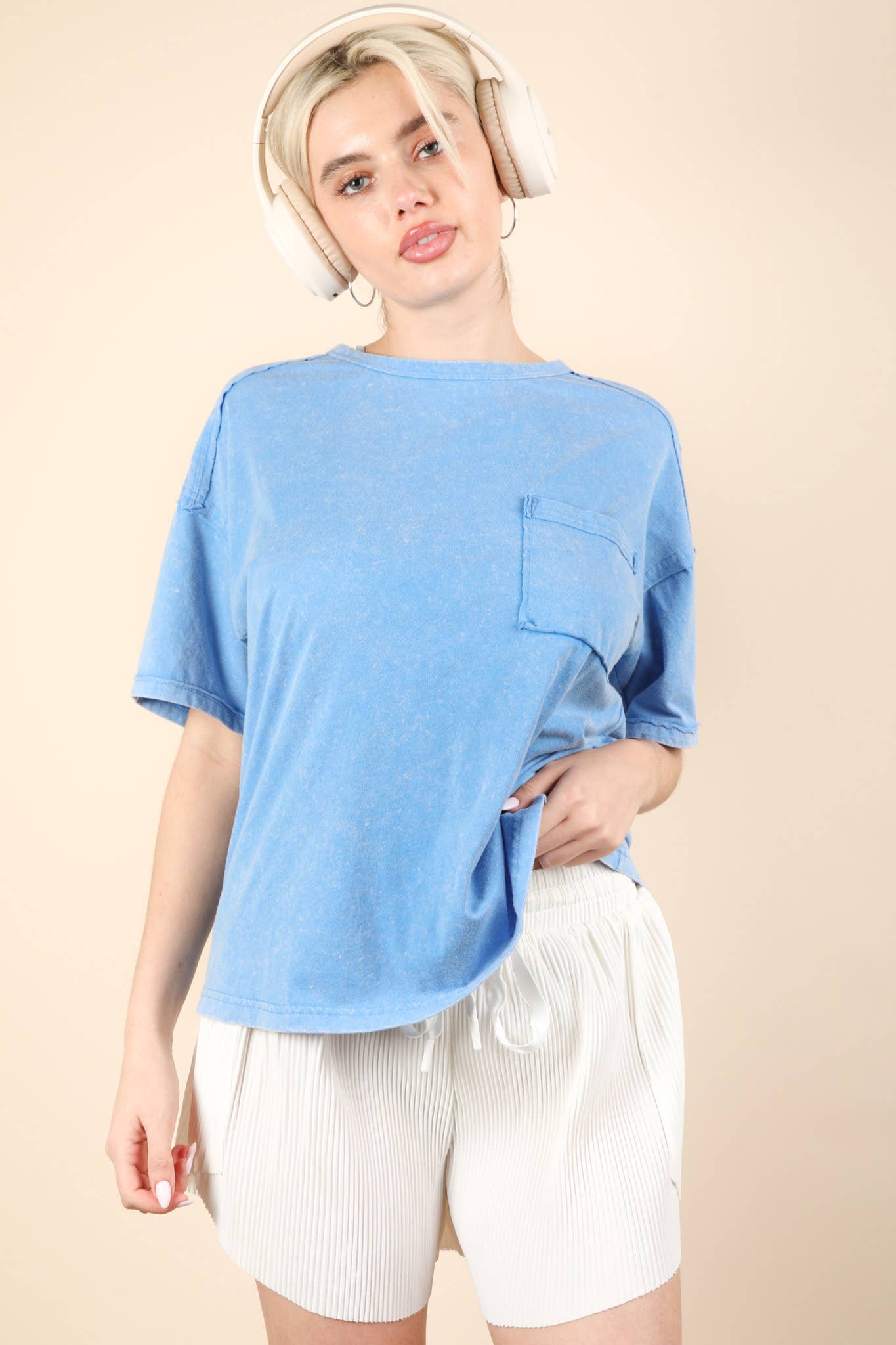 VERY J - NT11108-Mineral Washed Knit Top with Pocket