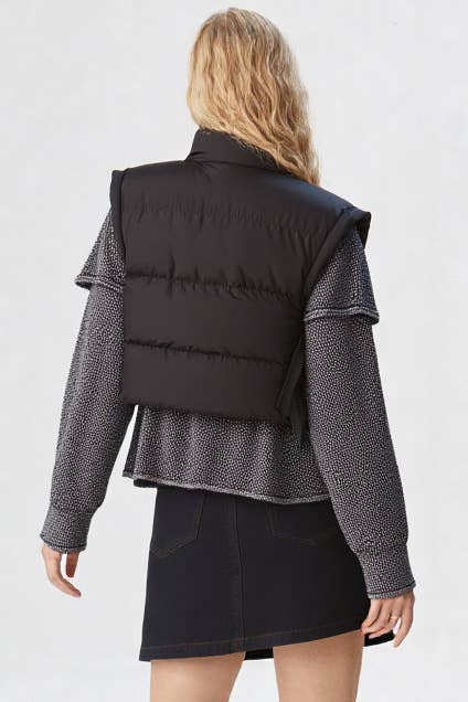 VERY J - NJ90335-Side Bow Tie Front Zipper Crop Puffer Vest