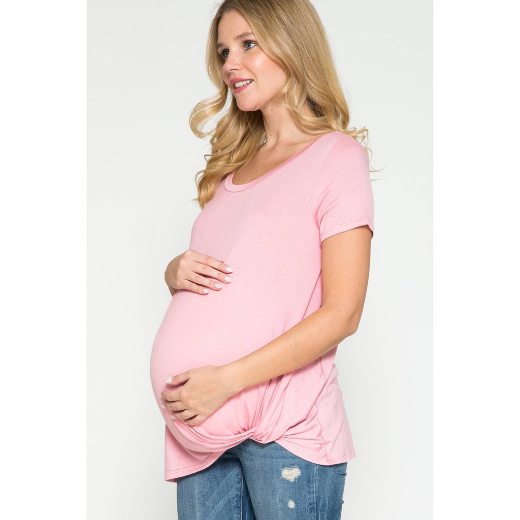 Story Teller - Maternity Round Neck Front Twist Knotted Solid Basic Top