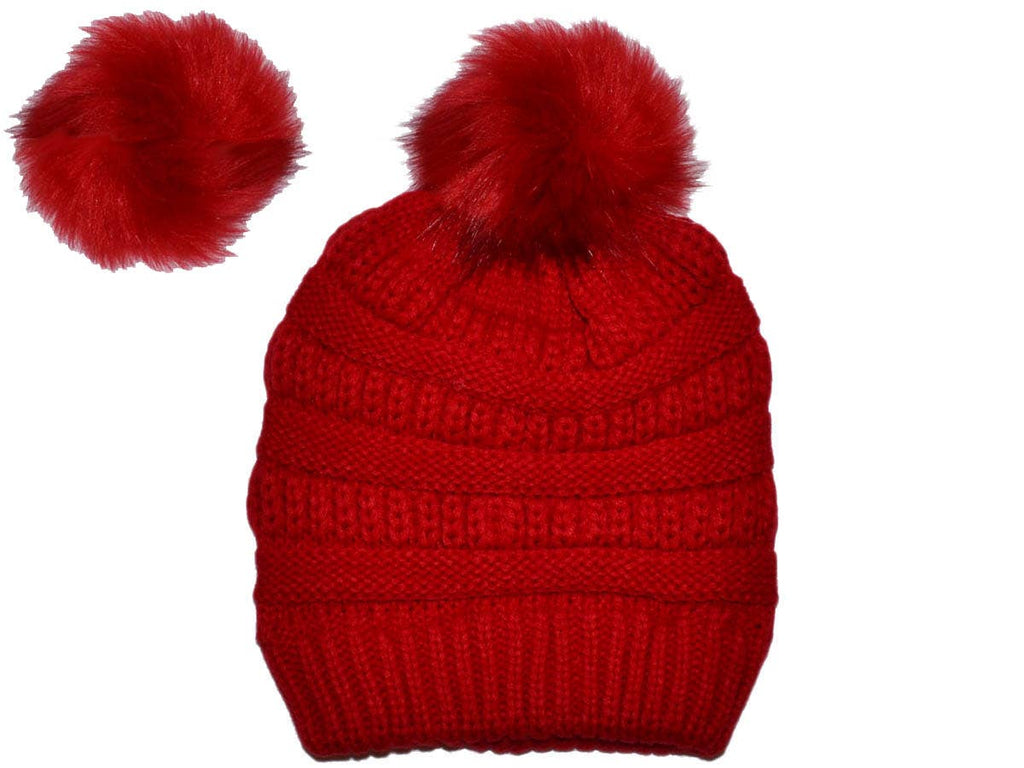 Buck Wholesale - Winter Beanie W/Removable Fur Pom-Pom  - Warm Knit Soft
