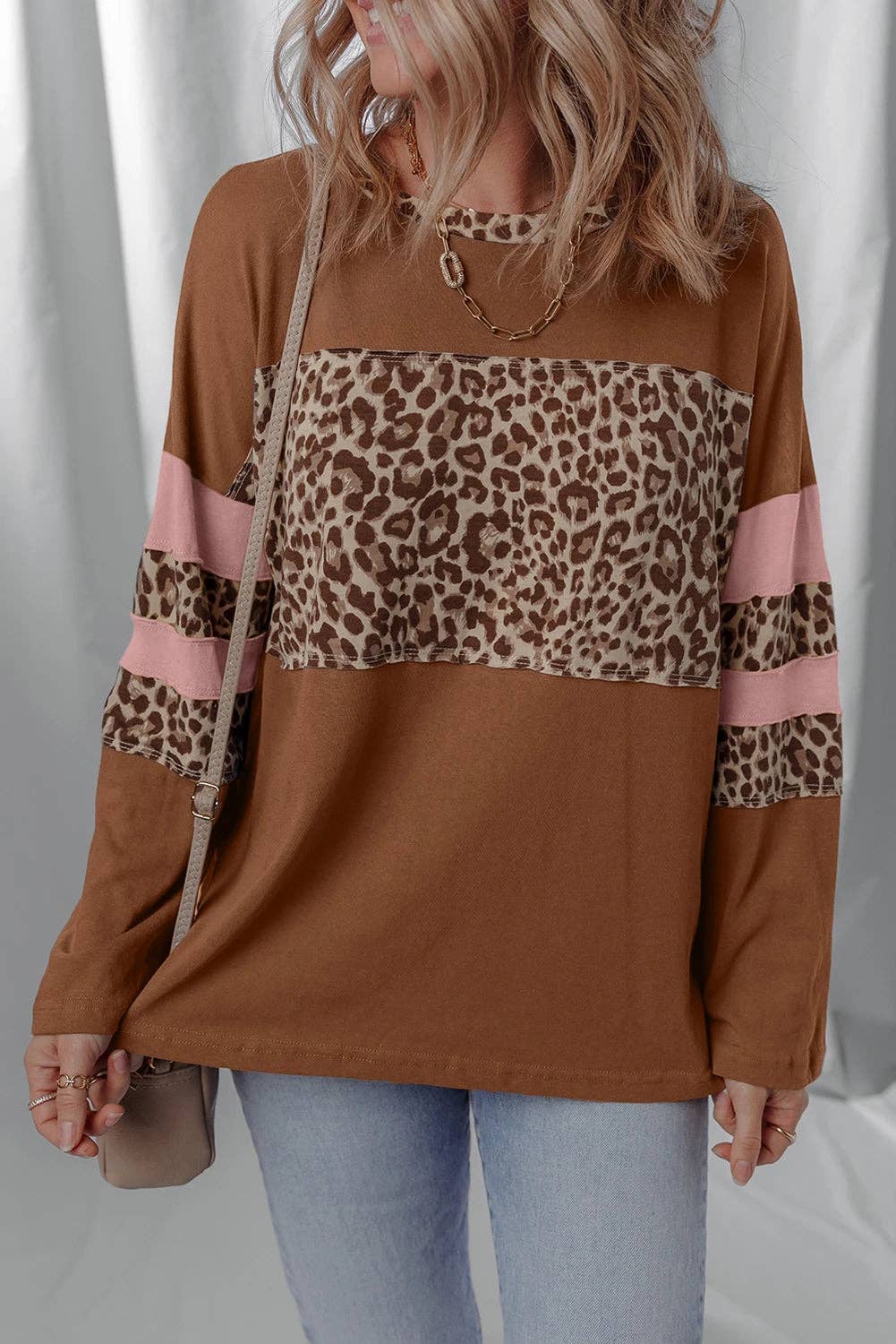 Lovesoft - Dark Blue Leopard Colorblock Patchwork Long Sleeve Drop Shoulder Top