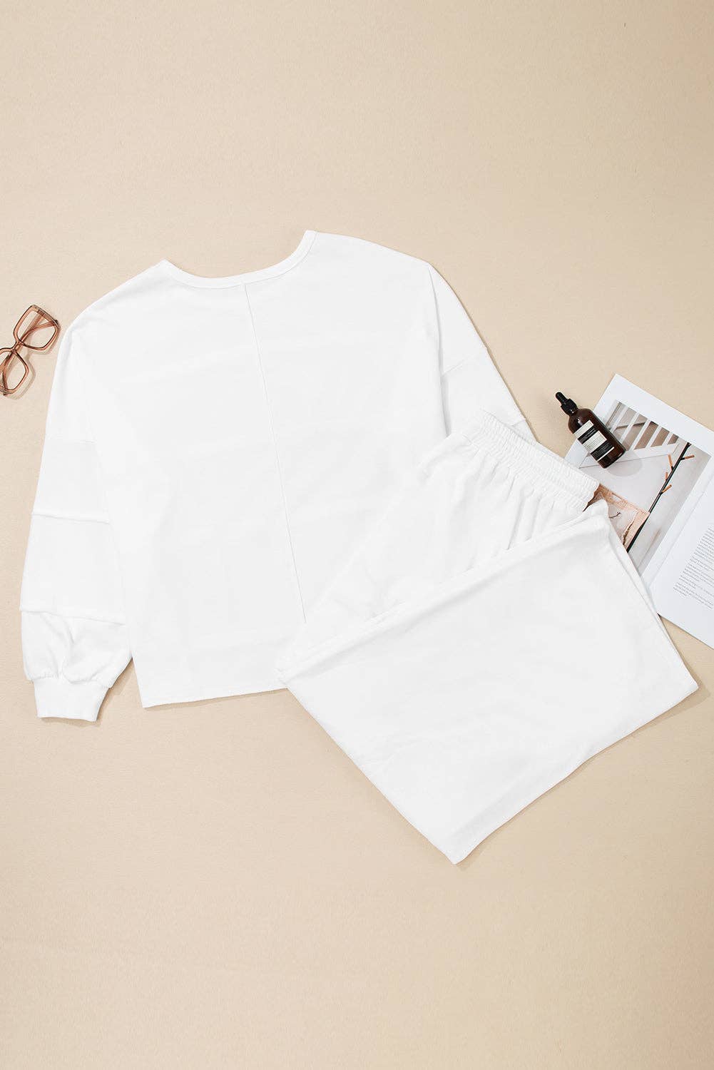 Lovesoft - White Textured Raw Seam Plus Size Pullover Top and Drawstring Pants Set