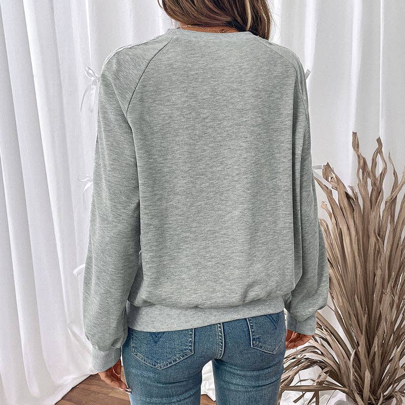 Lovesoft - Gray Lace Bow Tie Patchwork Long Sleeve Sweatshirt